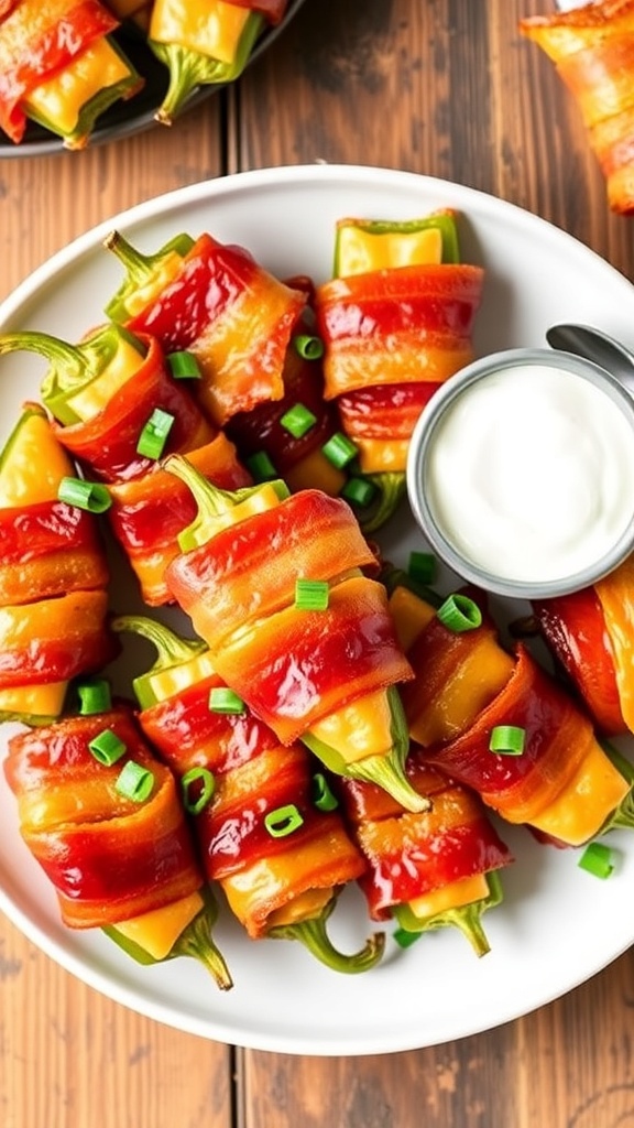 Air Fryer Bacon-Wrapped Jalapeño Poppers A plate of bacon-wrapped jalapeño poppers with green onions and ranch dressing on a wooden table.
